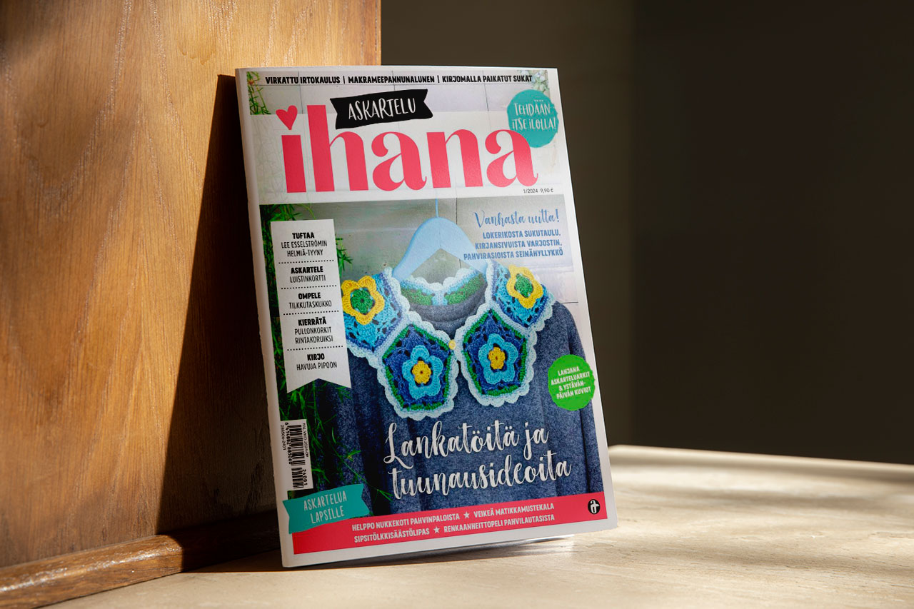 Ihana-lehti tarjoaa ideoita ja inspiraatiota askarteluun. Tässä numerossa käsiteltiin mm. lankatöitä ja tuunausideoita.