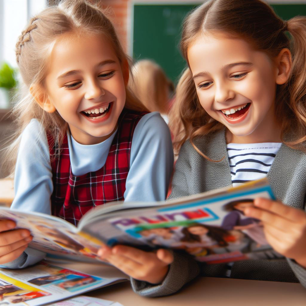 Kaksi alakouluikäistä tyttöä lukemassa lehteä ja nauramassa sen jutuille.
