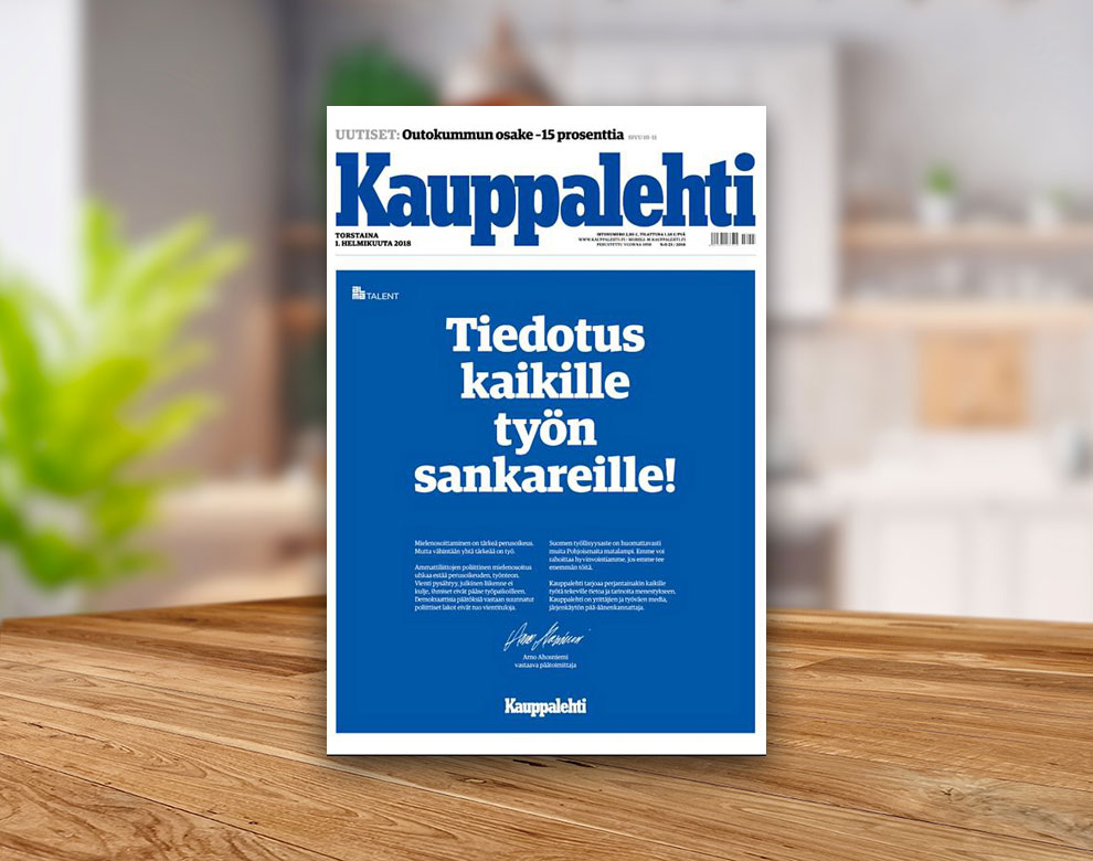 Viitenä päivänä viikossa ilmestyvä Kauppalehti on Suomen 10. suosituin sanomalehti.