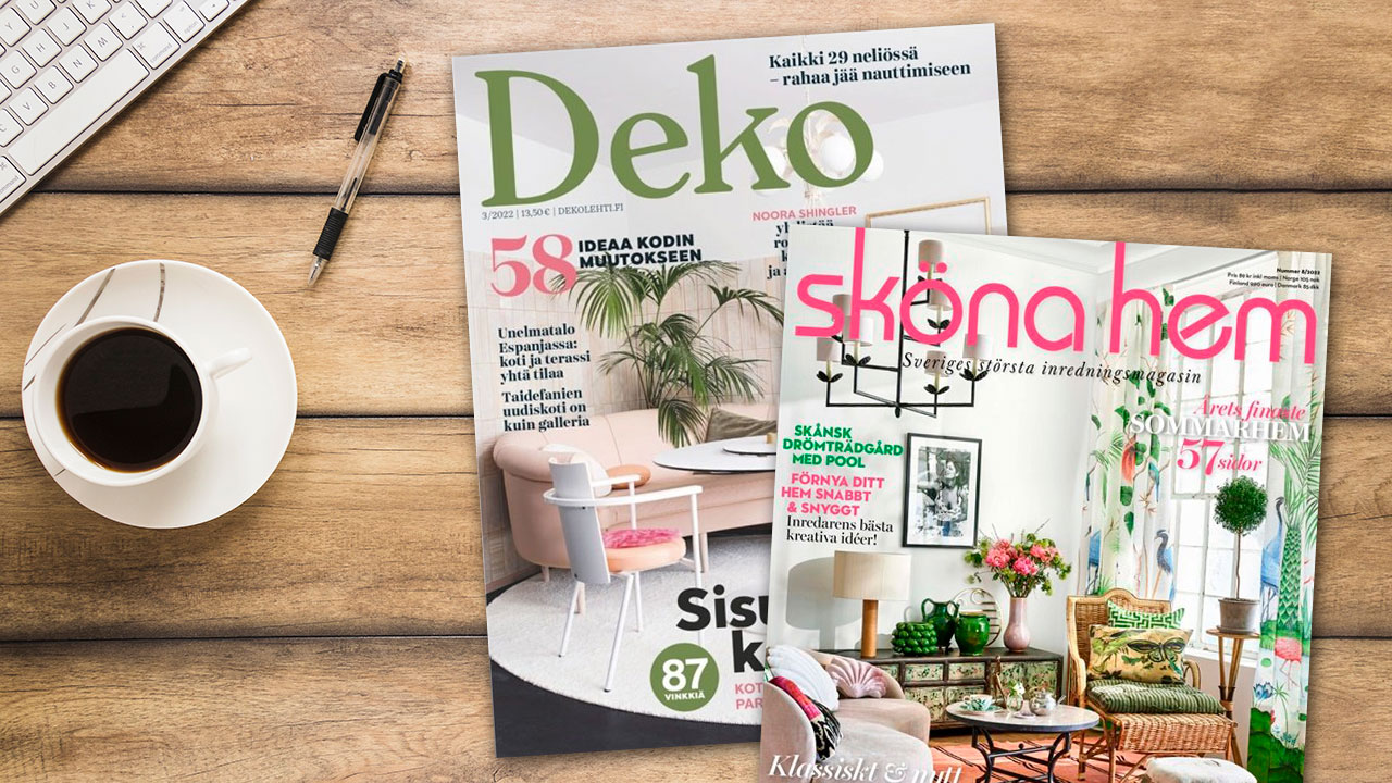 Niin Suomessa kuin Ruotsissakin ilmestyy monia erinomaisia sisustuslehtiä. Kuvassa Deko- ja Sköna Hem -lehdet.