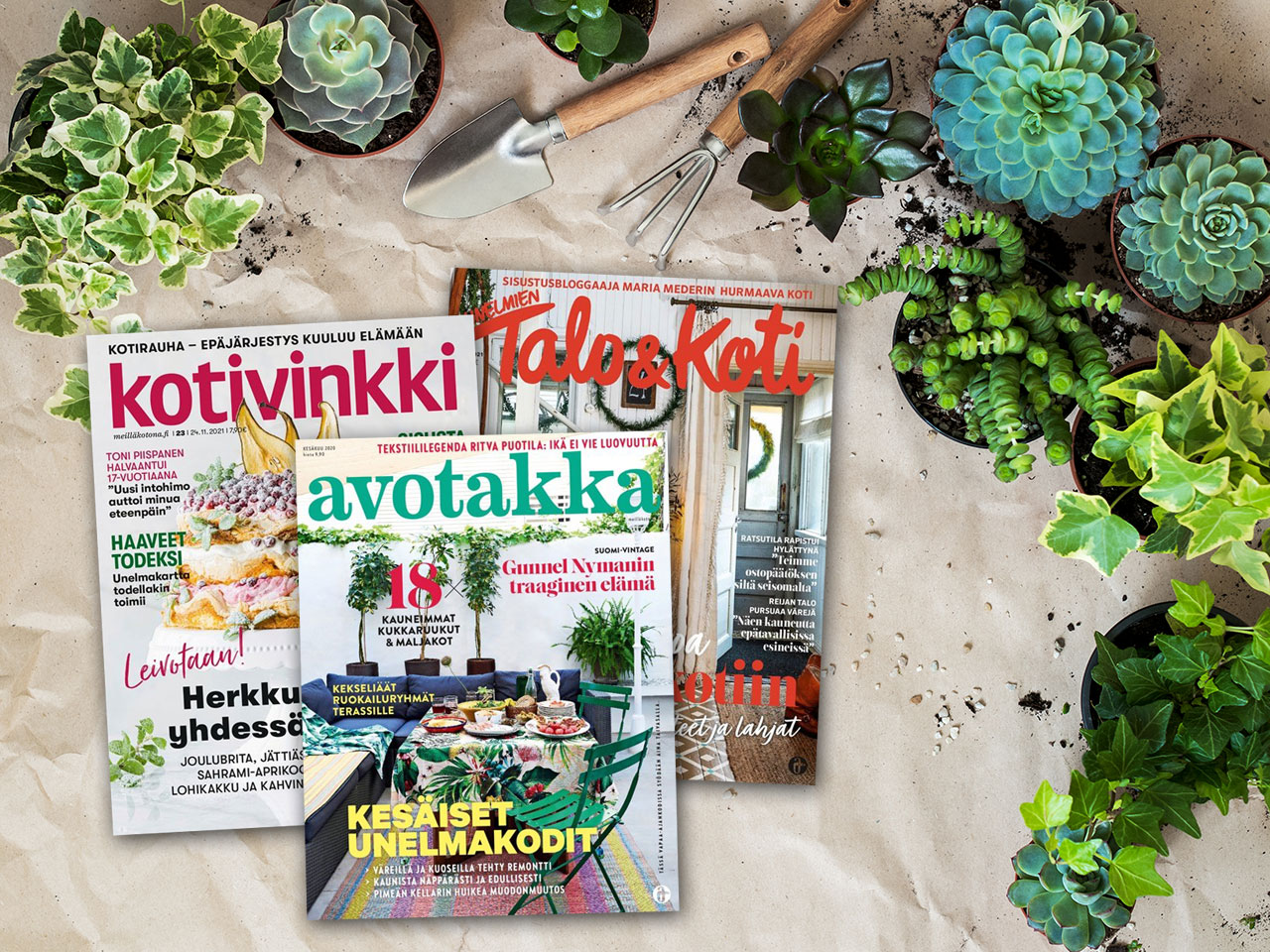 Suomalaisia sisustuslehtiä edustavat mm. Kotivinkki, Avotakka ja Unelmien Talo&Koti.