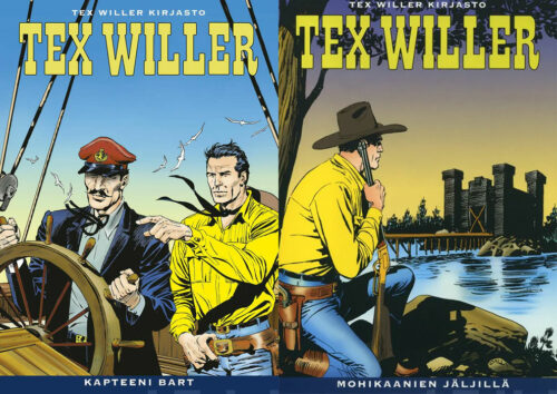 Tex Willer Kirjastossa julkaistaan Tex Willerin seikkailuja huolellisesti restauroituna ja hillitysti väritettyinä. Kuvassa Tex Willer Kirjaston #67 Kapteeni Bart ja #27 Mohikaanien jäljillä.